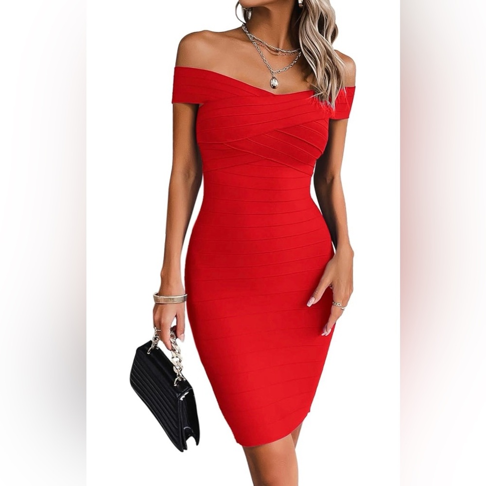 Red Off-Shoulder Bandage Bodycon Midi Dress | Size XL | Club & Date Night